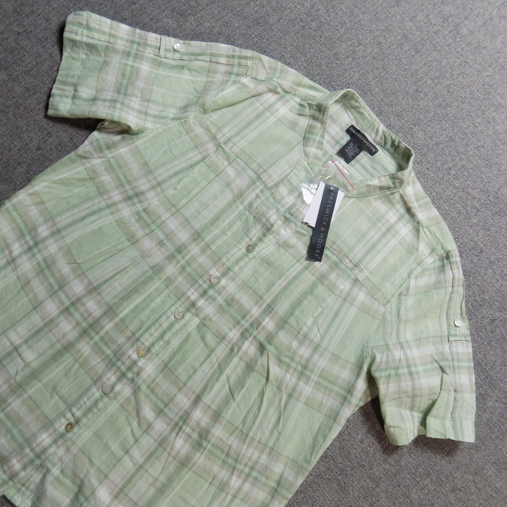 Preswick & Moore Blouse Womens L Green NEW Plaid Cotton Short Sleeve BD975PL